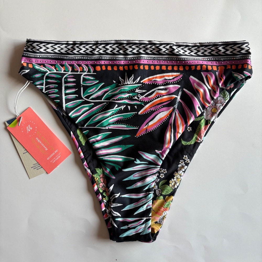 Maaji Reversible High Waist Bikini Bottom Jeweled Floral Print Swimsuit Size Lrg